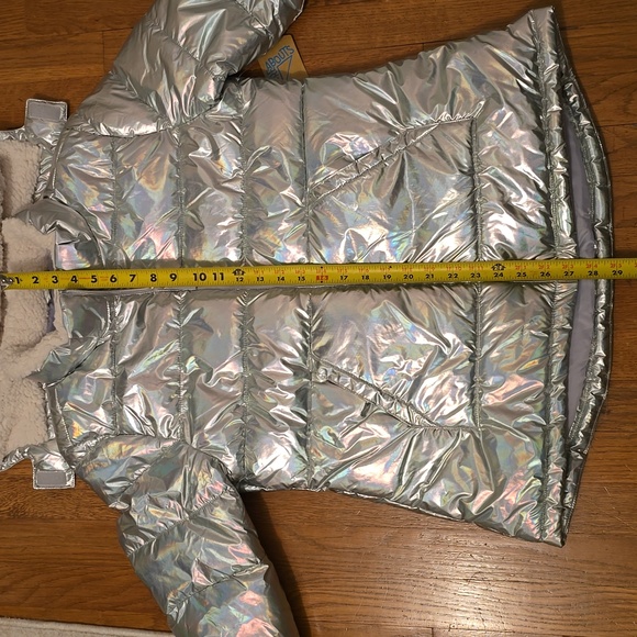 THEREABOUTS GIRLS SILVER "SHIMMER" PUFFER HOODED WINTER COAT SIZE XL 18.5 PLUS - Picture 12 of 16